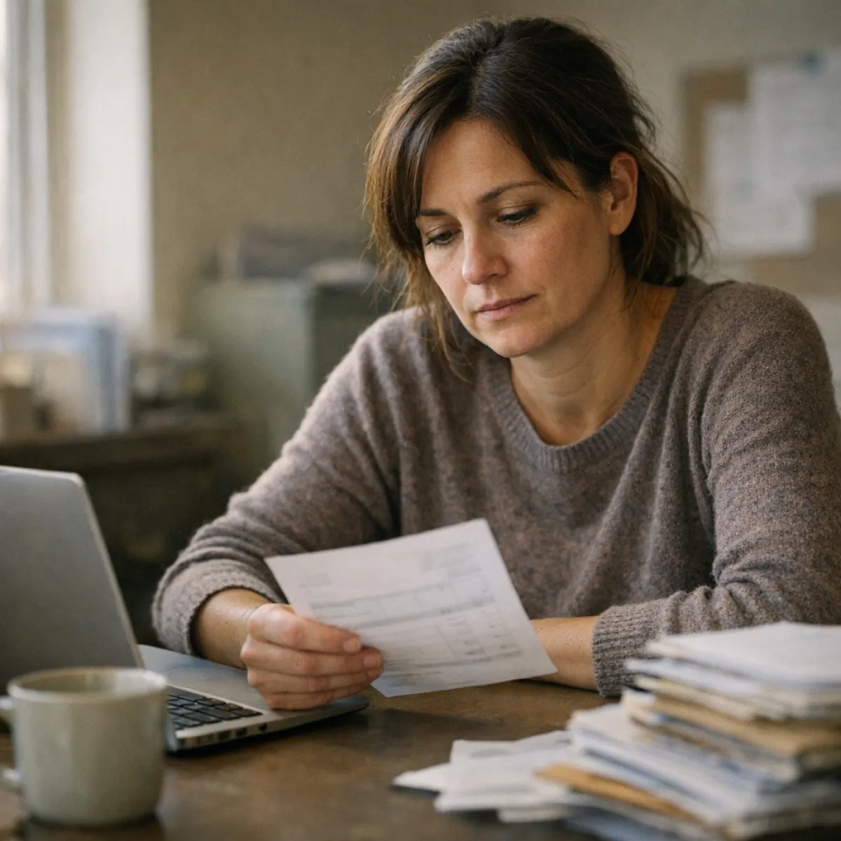 A business owner at a desk, looking over a printed invoice